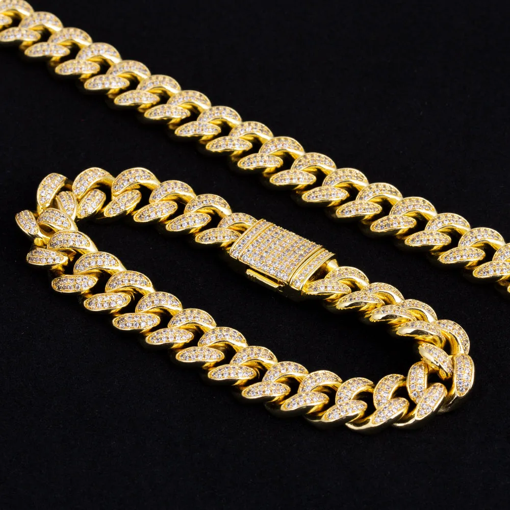 12mm Iced Out Cuban Link Necklace and Bracelet Set in 14K Gold KRKC