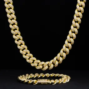 12mm Iced Out Cuban Link Necklace and Bracelet Set in 14K Gold KRKC