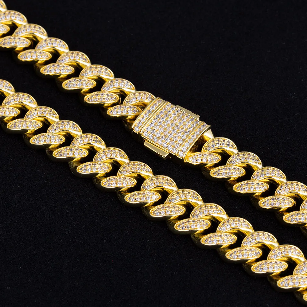 12mm Iced Out Cuban Link Necklace and Bracelet Set in 14K Gold KRKC