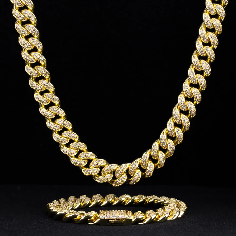 12mm Iced Out Cuban Link Necklace and Bracelet Set in 14K Gold KRKC