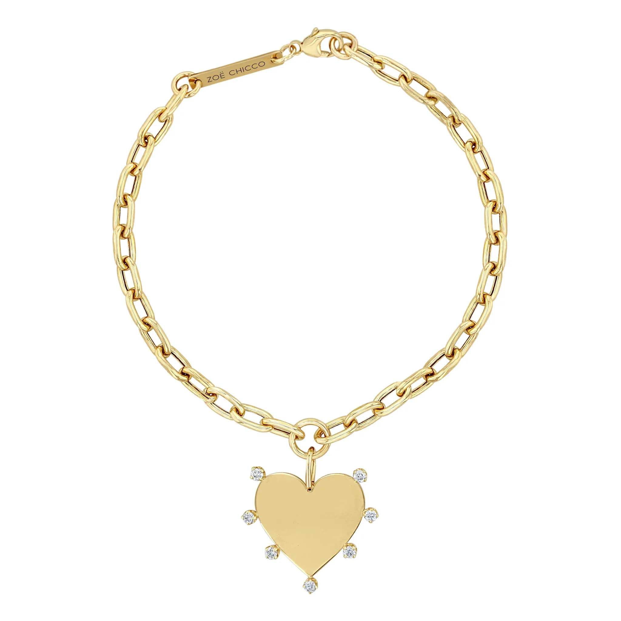 14k 7 Prong Diamond Heart Charm Medium Square Oval Chain Bracelet