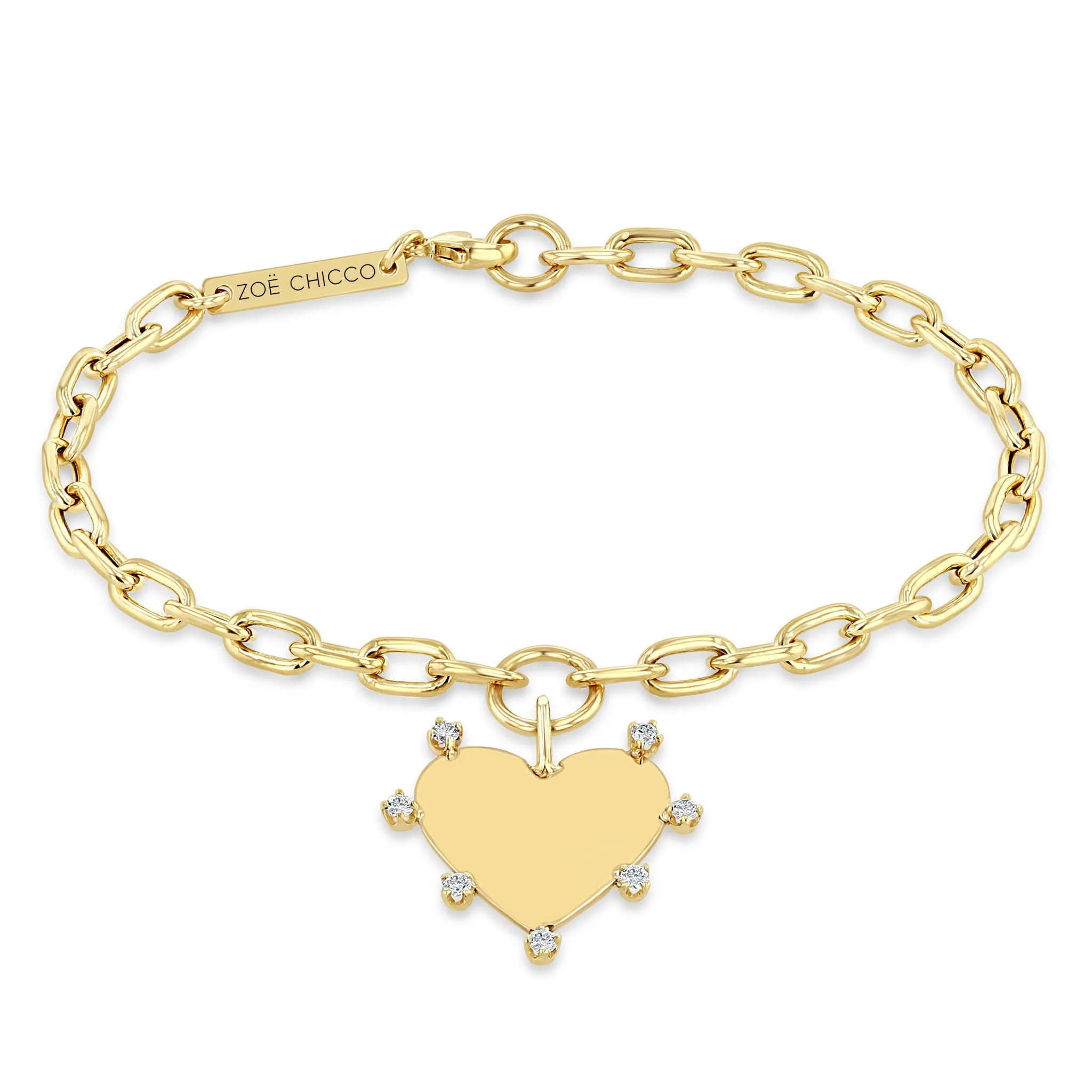 14k 7 Prong Diamond Heart Charm Medium Square Oval Chain Bracelet