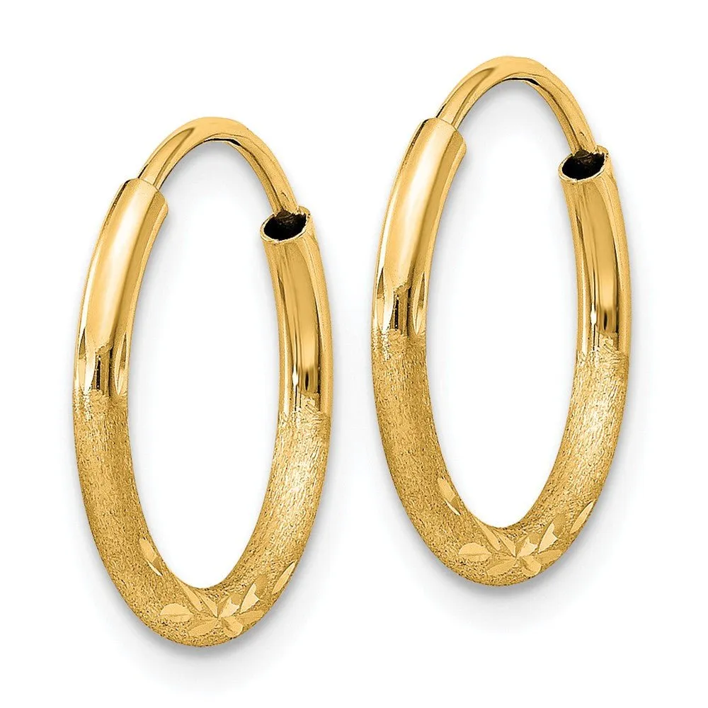 1.5mm x 15mm 14k Yellow Gold Satin Diamond-Cut Endless Hoop Earrings