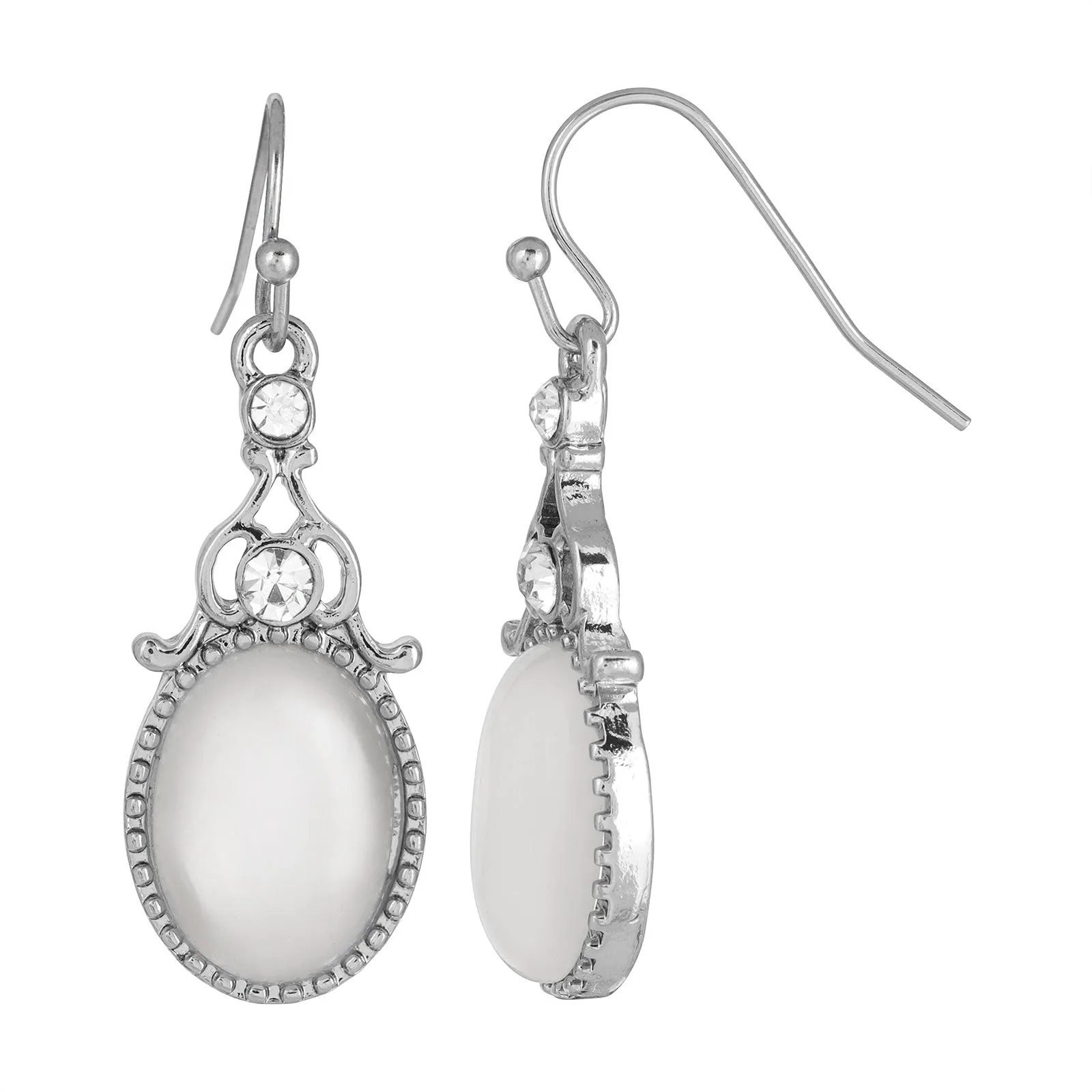 1928 Jewelry Crystal And White Cats Eye Oval Drop Earrings