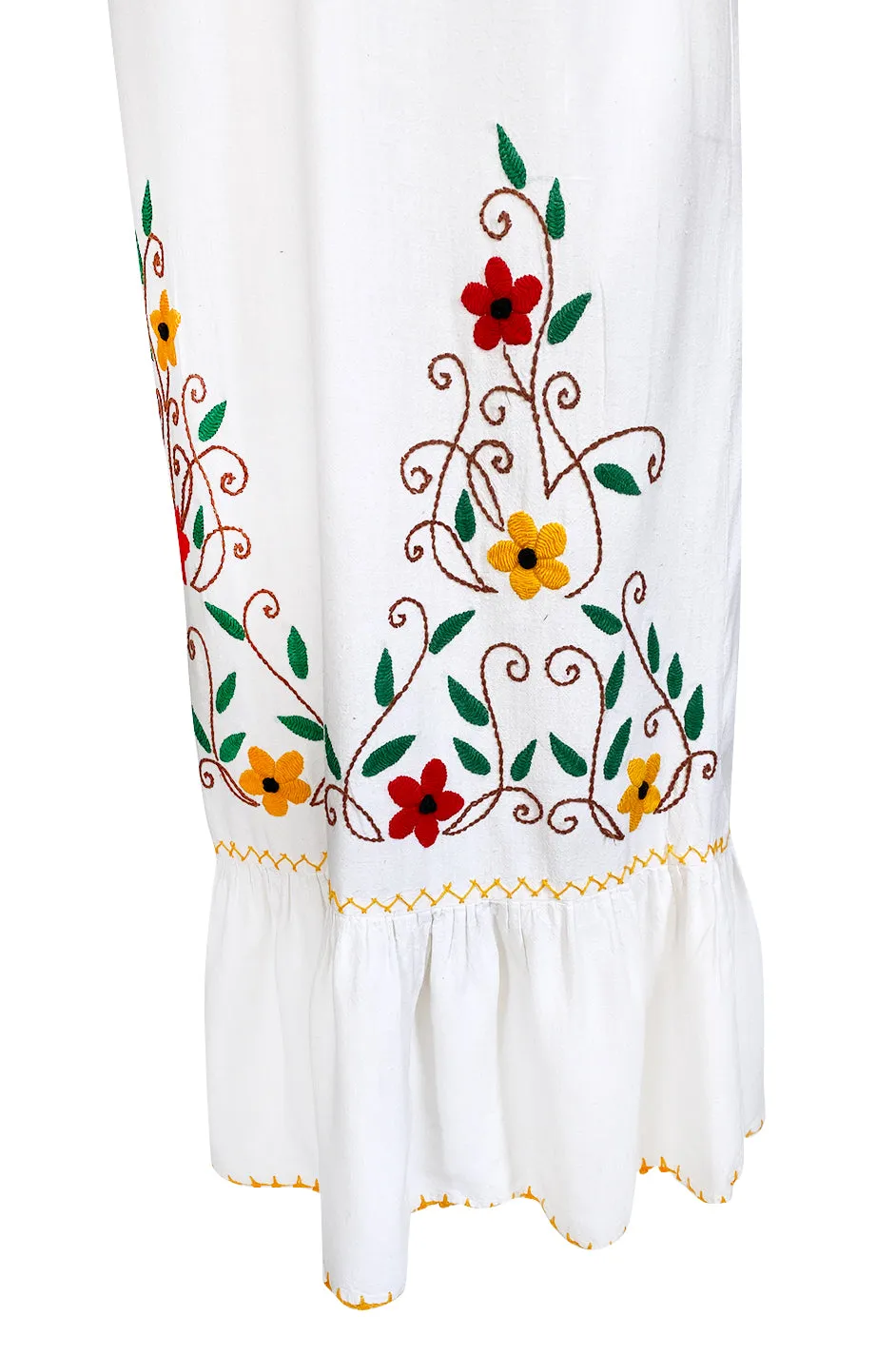 1950s Handmade Mexican Floral Embroidered White Cotton Dress