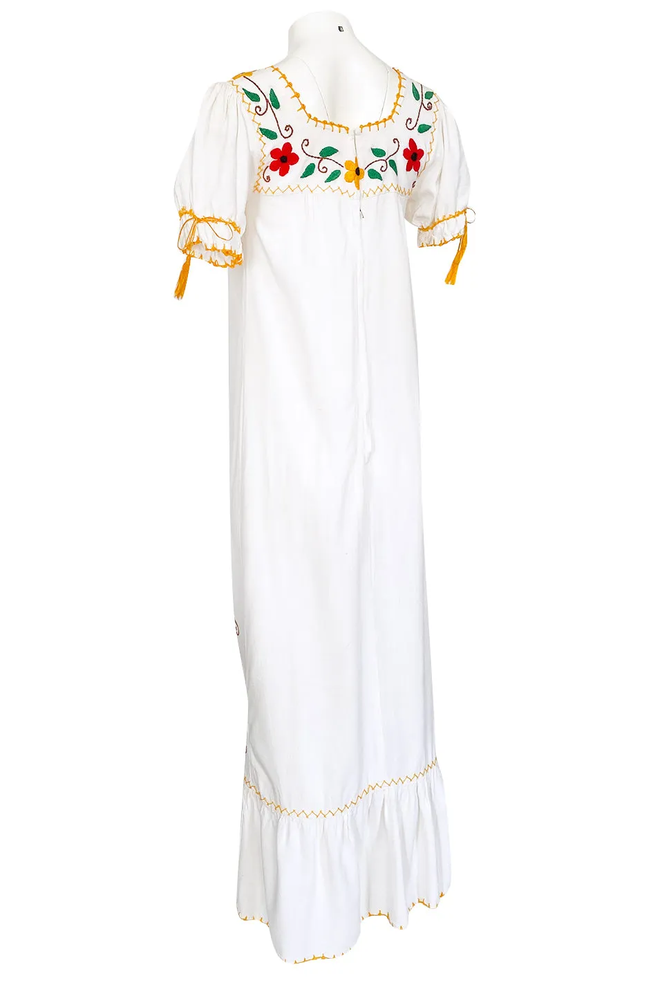 1950s Handmade Mexican Floral Embroidered White Cotton Dress