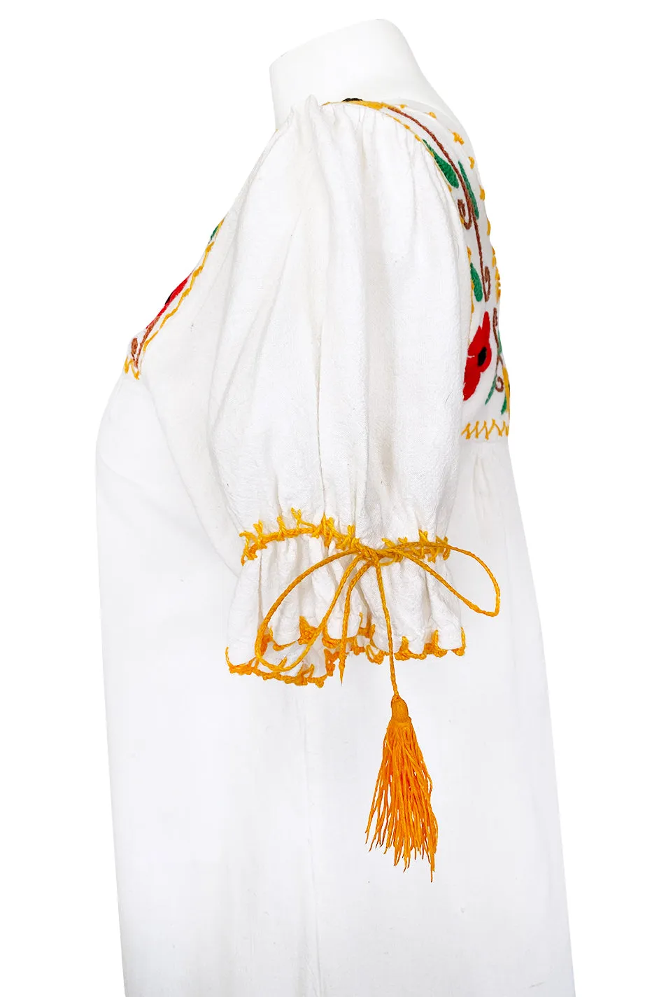 1950s Handmade Mexican Floral Embroidered White Cotton Dress