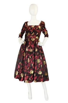 1950s Metallic Silk Floral Cocktail Dress