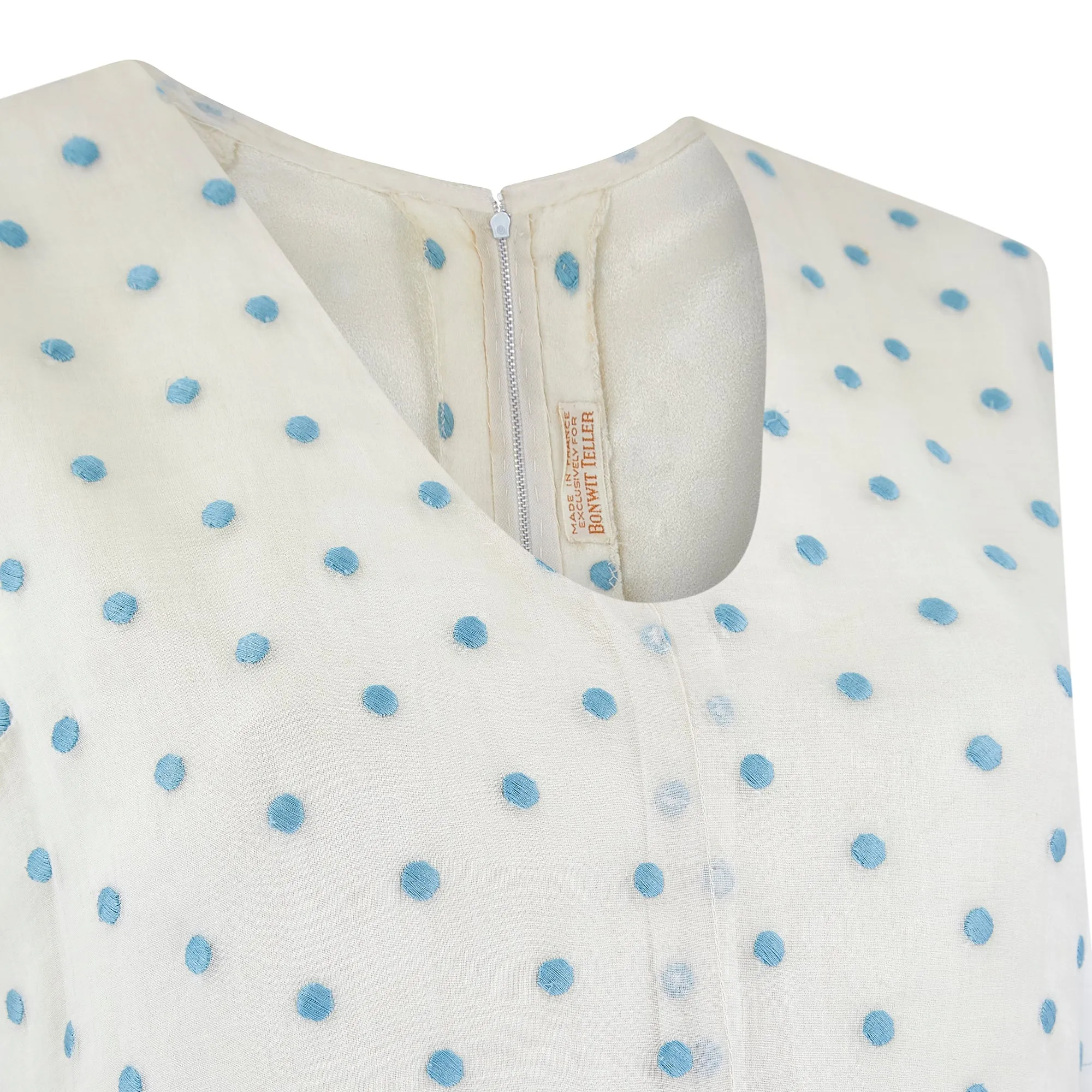 1960s Bonwit Teller Organza Cream and Blue Polka Dot Dress