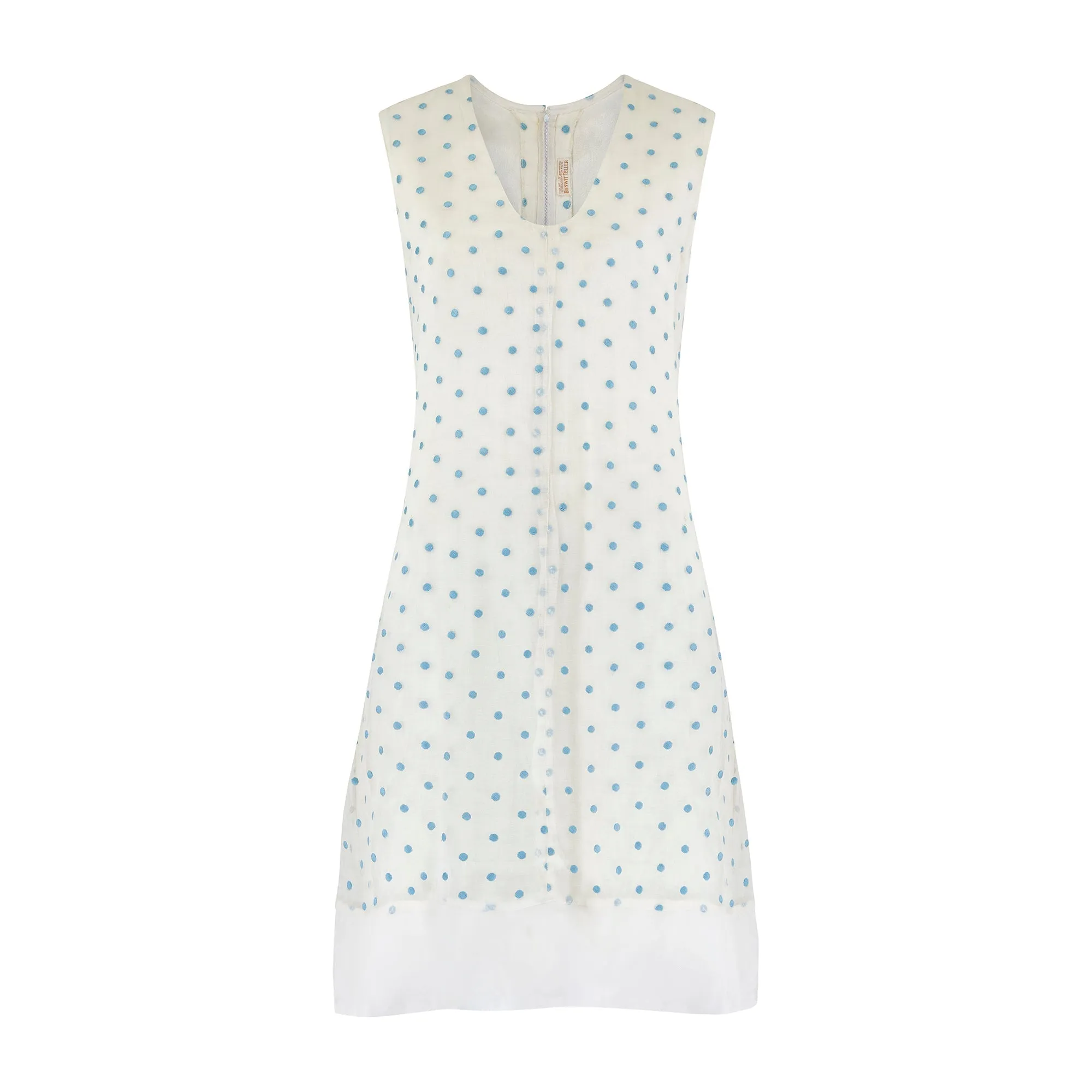 1960s Bonwit Teller Organza Cream and Blue Polka Dot Dress