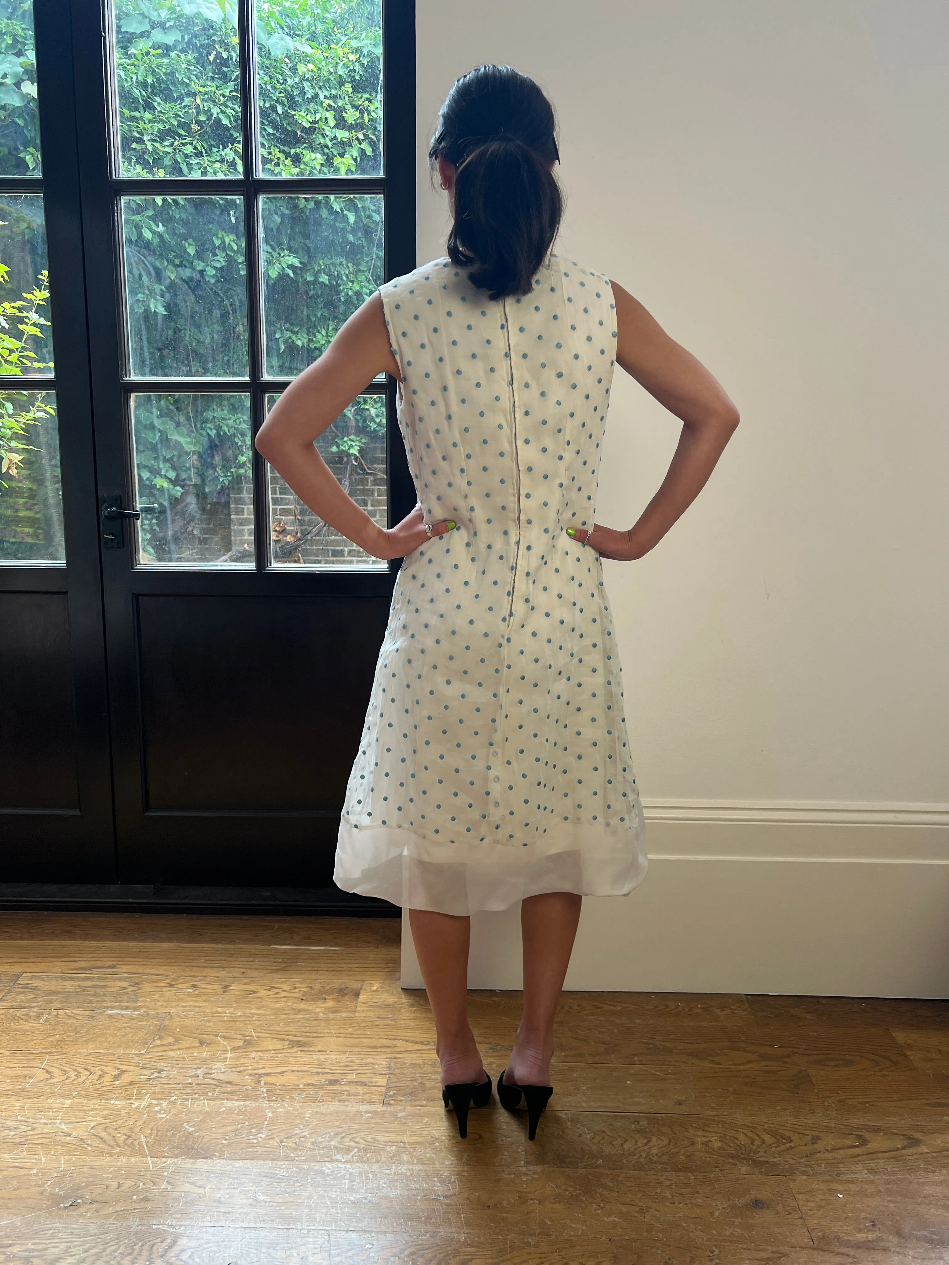 1960s Bonwit Teller Organza Cream and Blue Polka Dot Dress