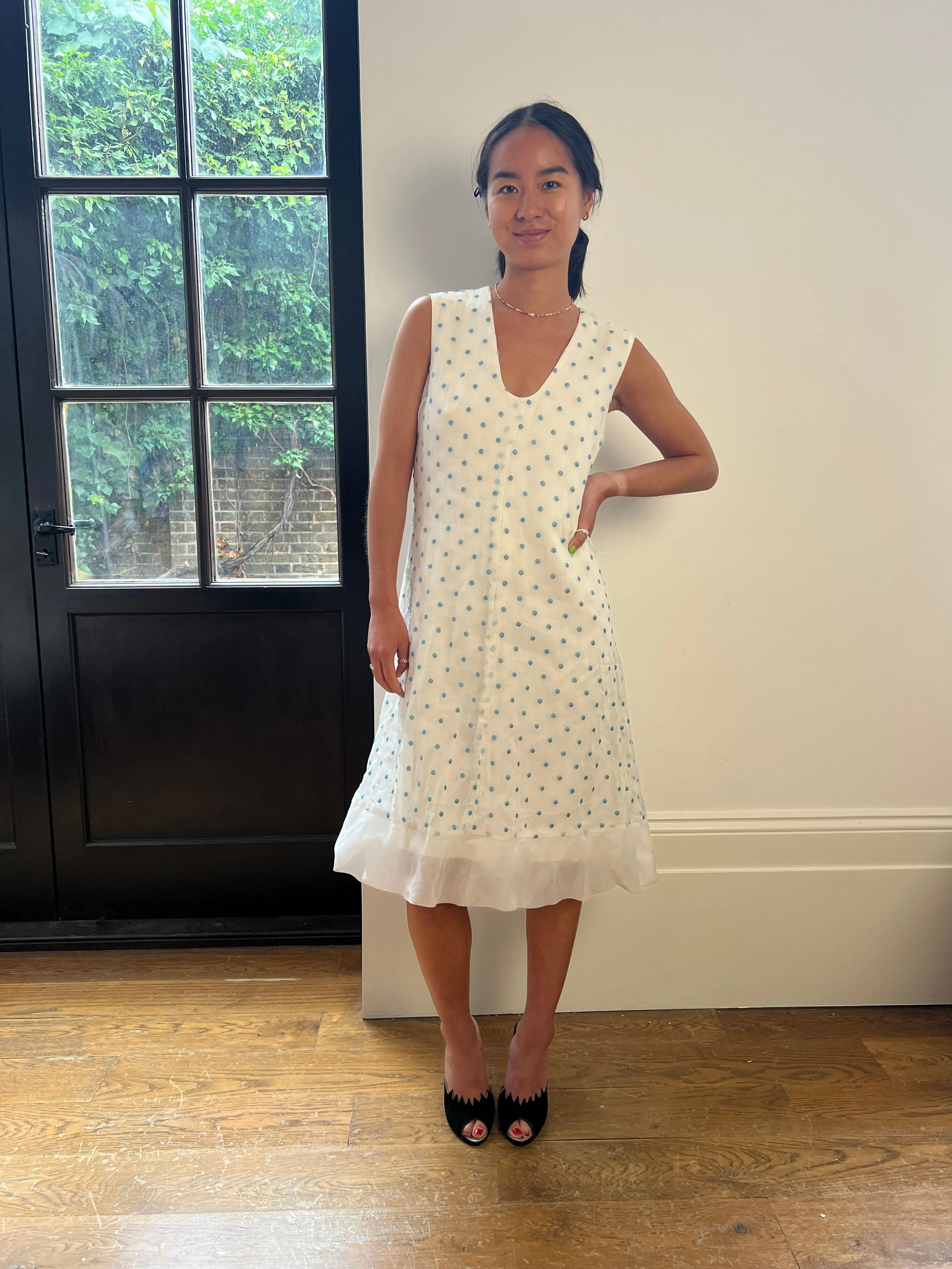 1960s Bonwit Teller Organza Cream and Blue Polka Dot Dress