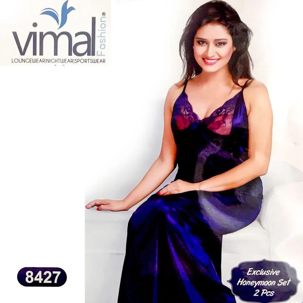 2 Pcs Princess Nighty Set with Gown - V8427 - Satin Silk Nighty by Vimal Fashion