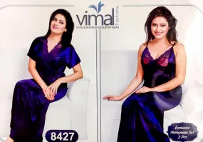 2 Pcs Princess Nighty Set with Gown - V8427 - Satin Silk Nighty by Vimal Fashion