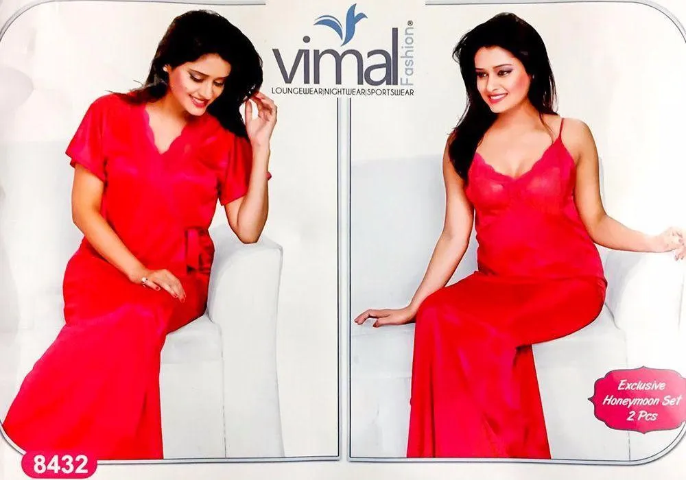 2 Pcs Princess Nighty Set with Gown - V8432 - Satin Silk Nighty by Vimal Fashion