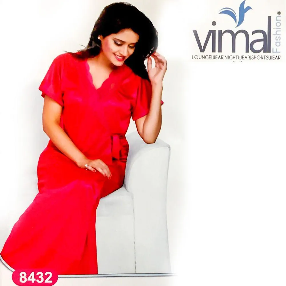 2 Pcs Princess Nighty Set with Gown - V8432 - Satin Silk Nighty by Vimal Fashion