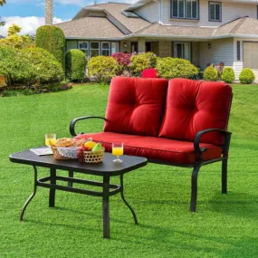 2 Pieces Patio Loveseat Bench Table Furniture Set with Cushioned Chair-Red