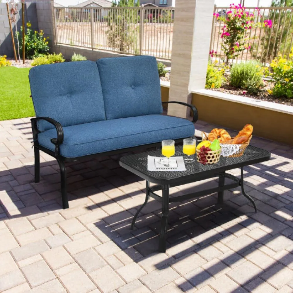 2 Pieces Patio Loveseat Bench Table Furniture Set with Cushioned Chair-Red