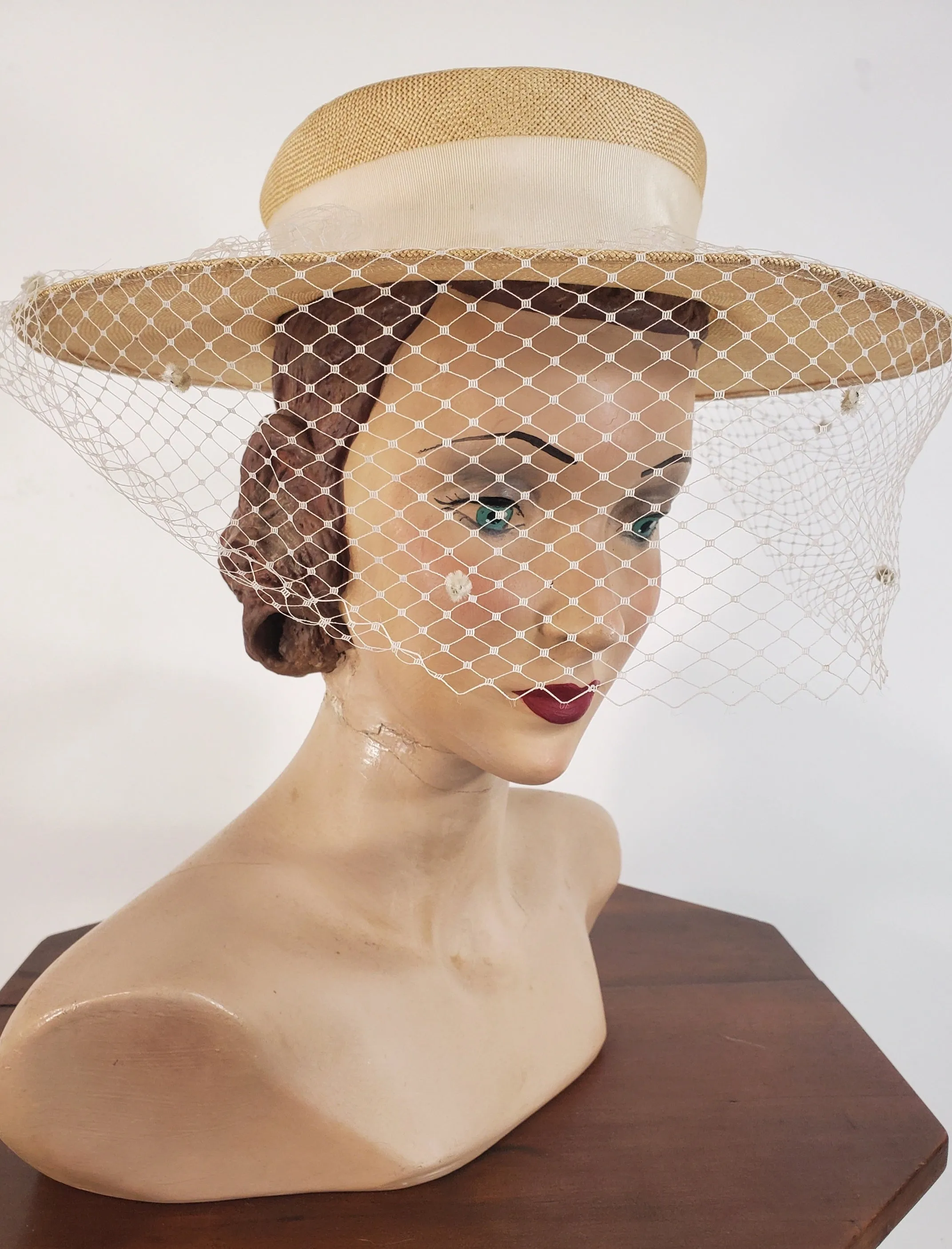 40s Wide Brim Straw Hat With Veil