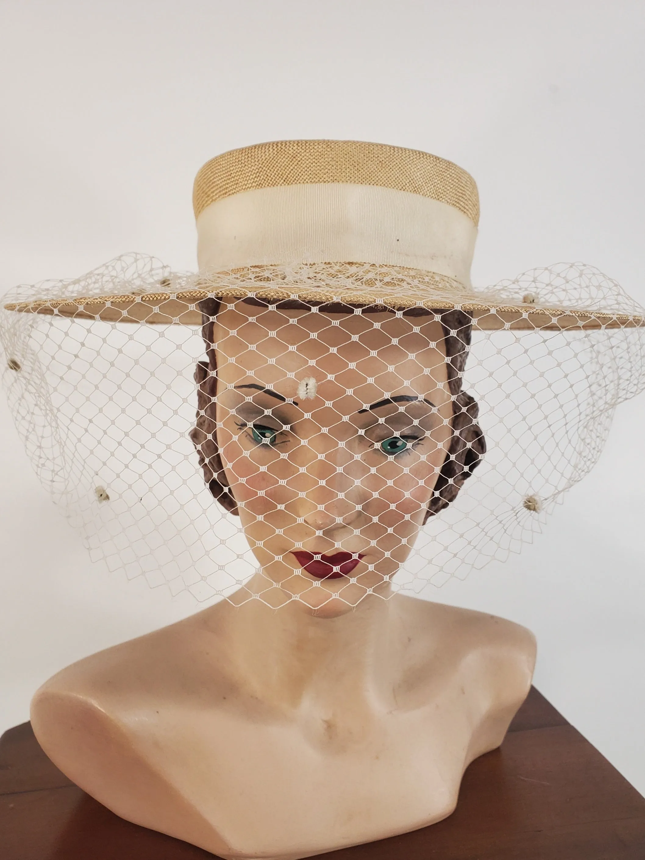 40s Wide Brim Straw Hat With Veil