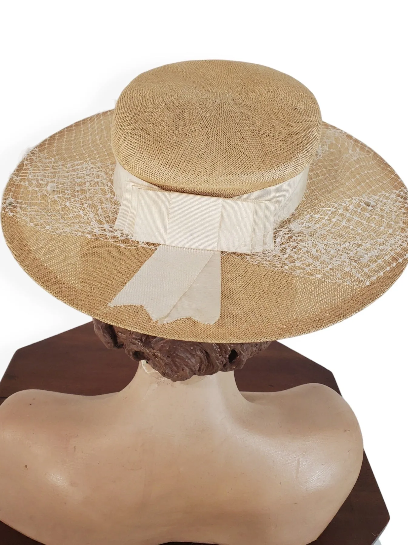 40s Wide Brim Straw Hat With Veil