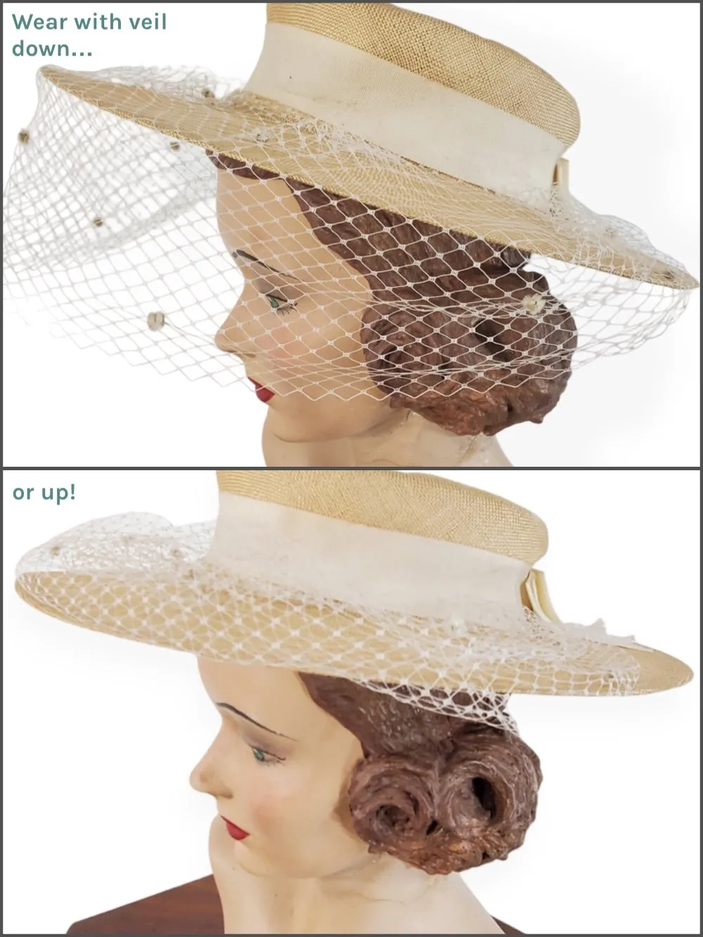 40s Wide Brim Straw Hat With Veil