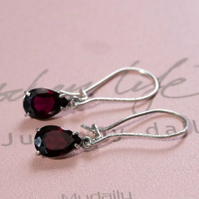 925 Silver Garnet Drop Earrings - Handmade Vintage Gift