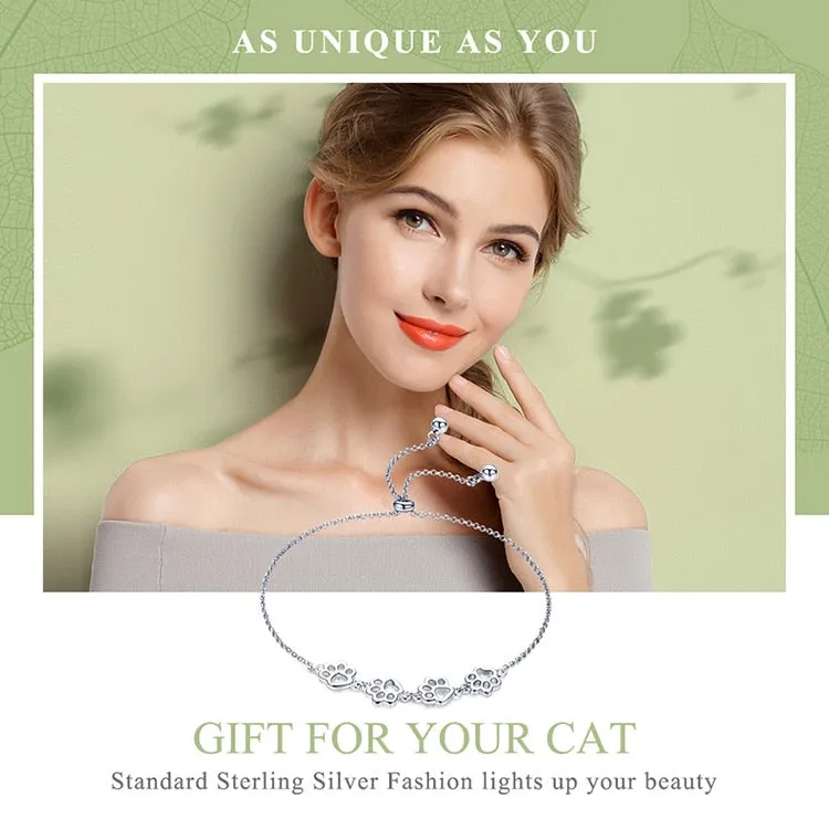 925 Sterling Silver Cat Paw Adjustable Link Chain Bracelet for Women