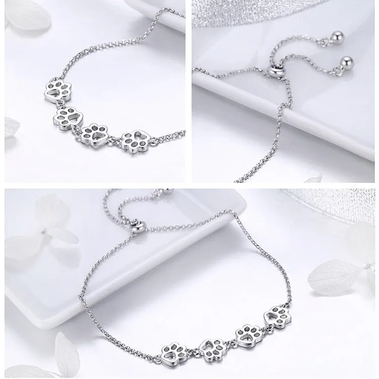 925 Sterling Silver Cat Paw Adjustable Link Chain Bracelet for Women