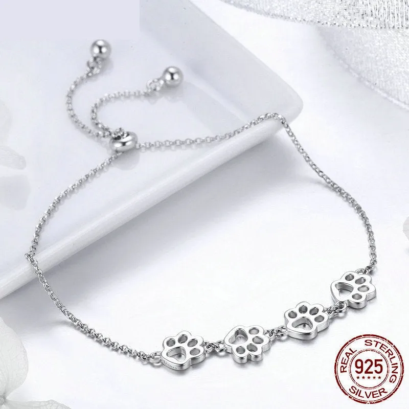 925 Sterling Silver Cat Paw Adjustable Link Chain Bracelet for Women