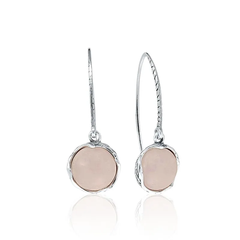 925 Sterling Silver Round Pink Rose Quartz 12mm Dangle Earrings