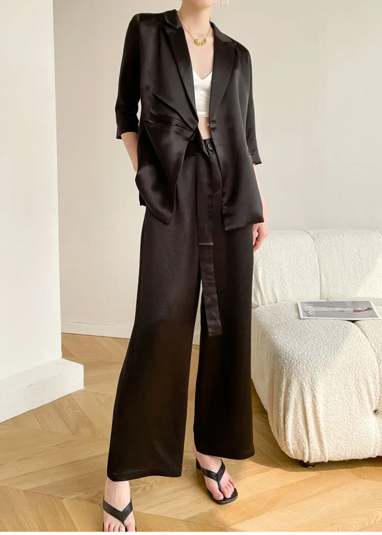 Acetate Belted Blazer Wide Leg Pants Two Piece Set