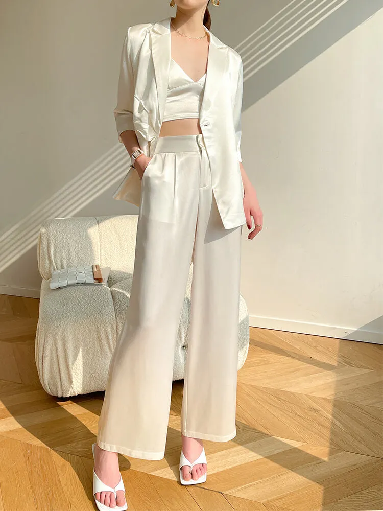 Acetate Belted Blazer Wide Leg Pants Two Piece Set