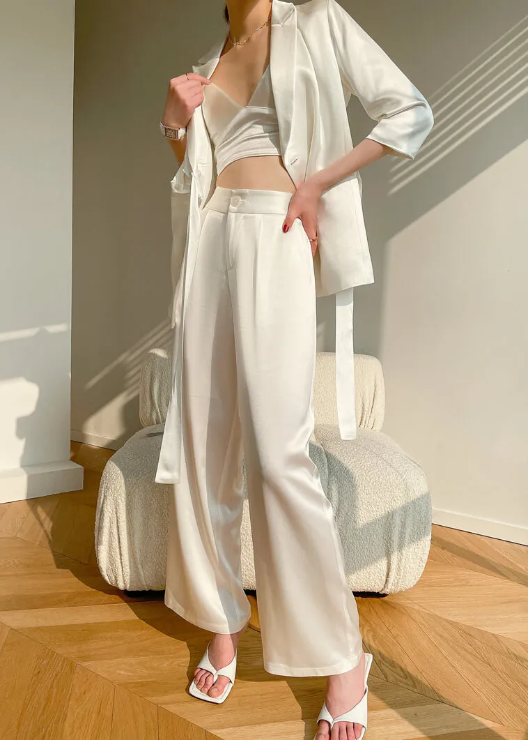 Acetate Belted Blazer Wide Leg Pants Two Piece Set