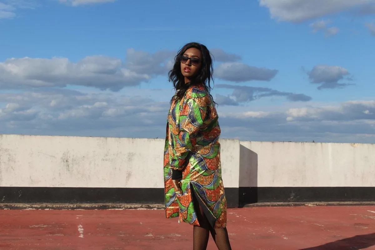 African Trench Coat in Gold Green Ankara Print