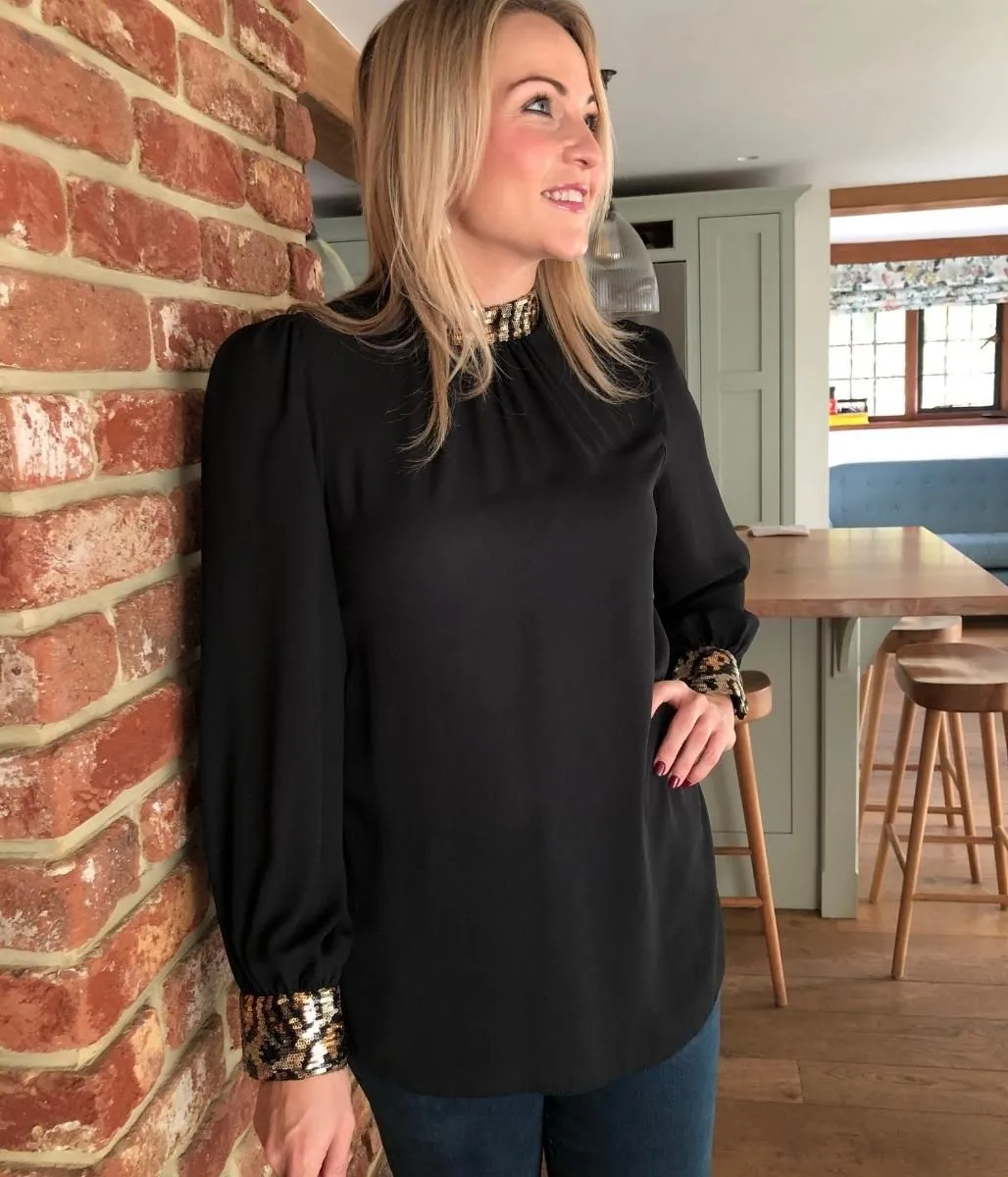 Animal Sequin Trim Black Top