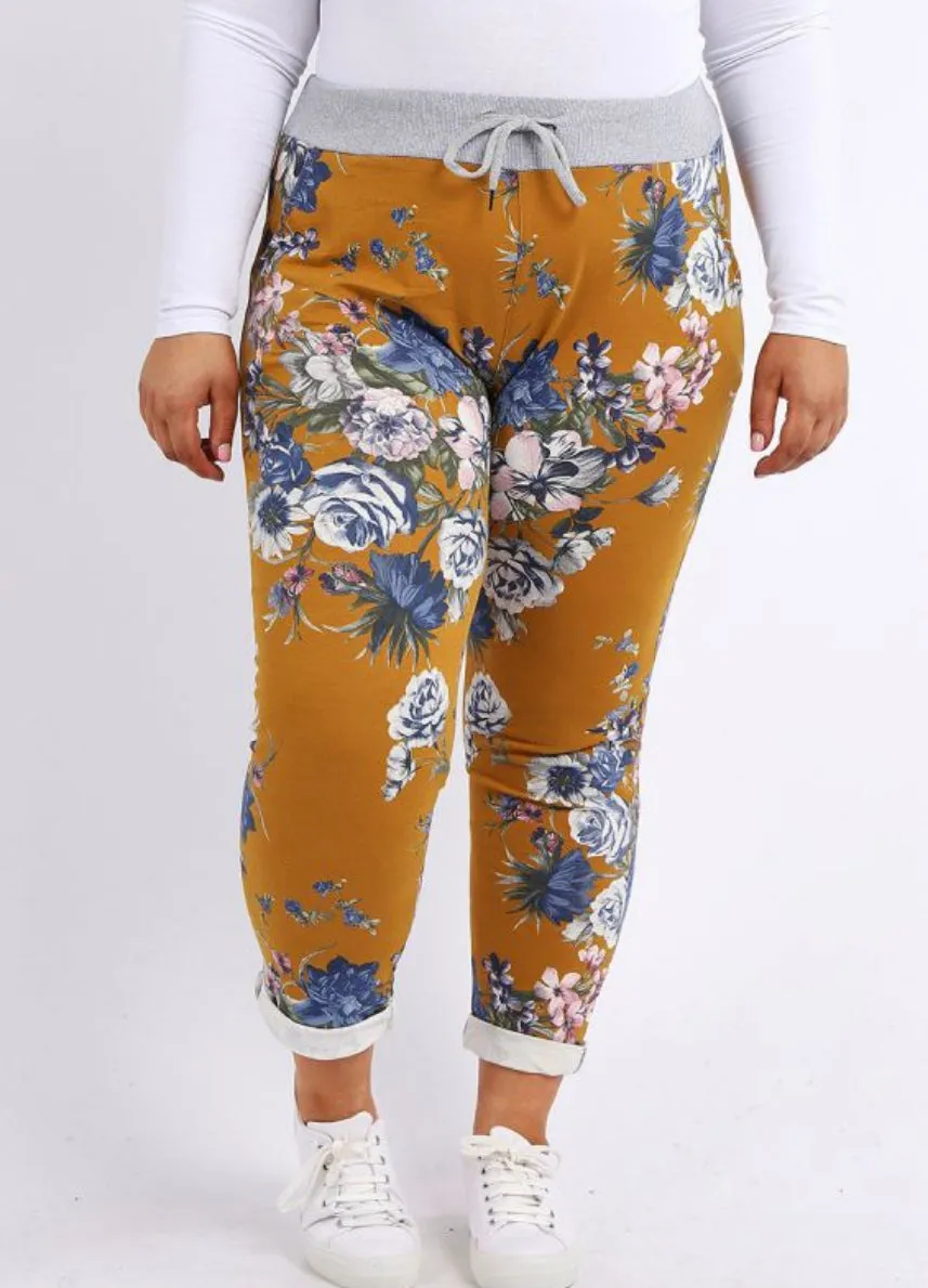 Anne   Kate Italian Blossom Print Mustard Pants 10-12