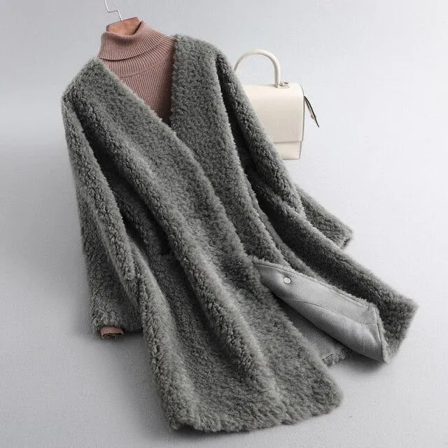 Autumn Winter Elegant Female Sheep Shearling Wool V-Neck Coats & Jackets