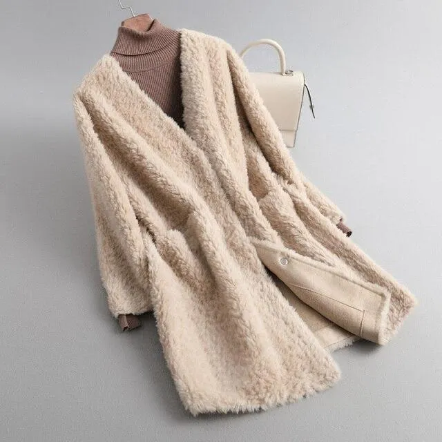 Autumn Winter Elegant Female Sheep Shearling Wool V-Neck Coats & Jackets