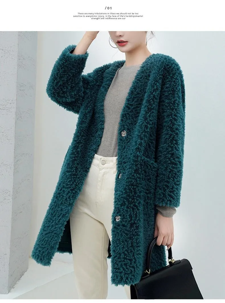 Autumn Winter Elegant Female Sheep Shearling Wool V-Neck Coats & Jackets