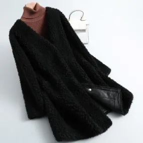 Autumn Winter Elegant Female Sheep Shearling Wool V-Neck Coats & Jackets