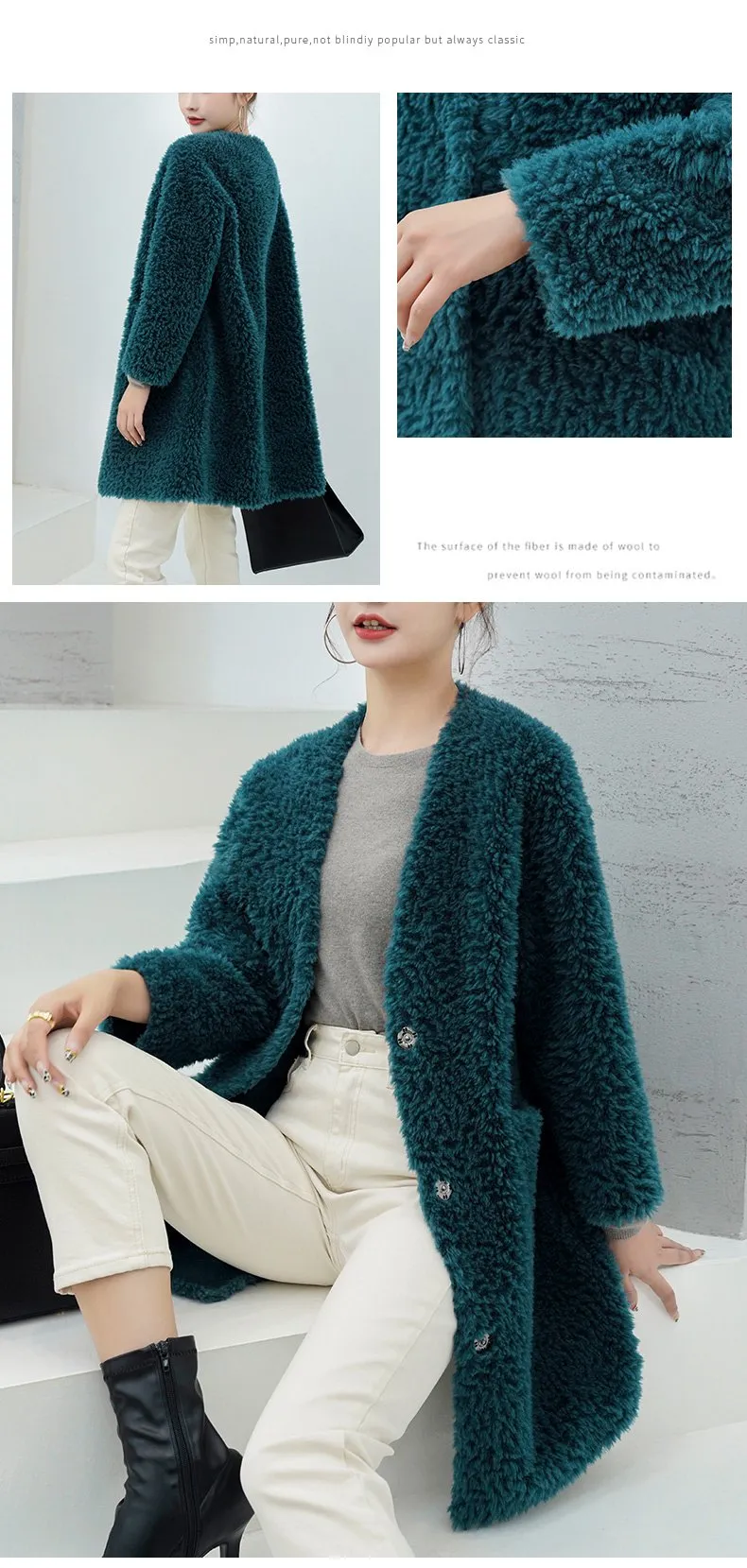 Autumn Winter Elegant Female Sheep Shearling Wool V-Neck Coats & Jackets