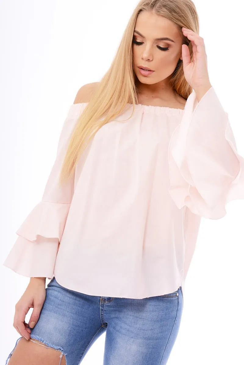 Baby Pink Bardot Frill Sleeve Top - Ruth