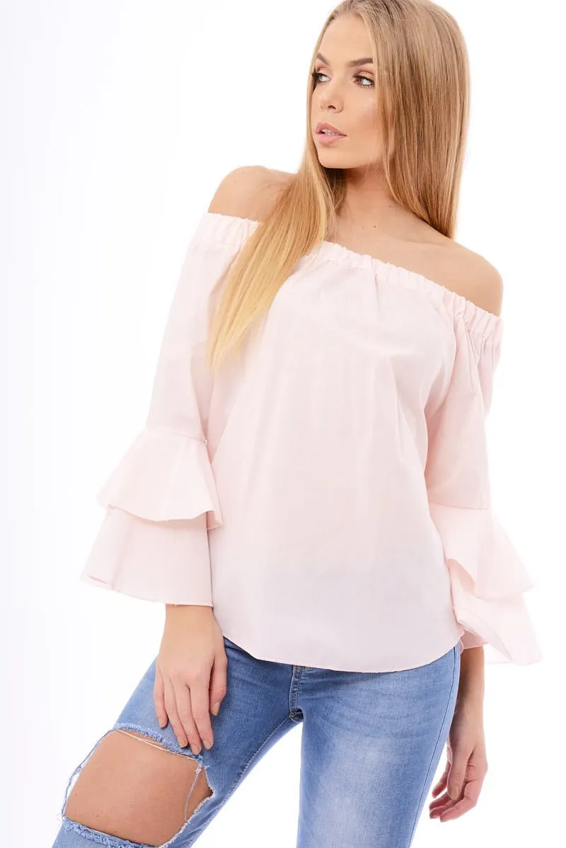 Baby Pink Bardot Frill Sleeve Top - Ruth