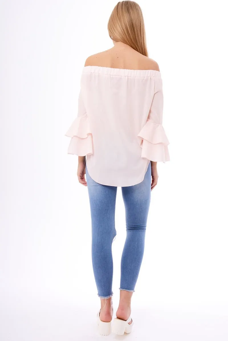 Baby Pink Bardot Frill Sleeve Top - Ruth