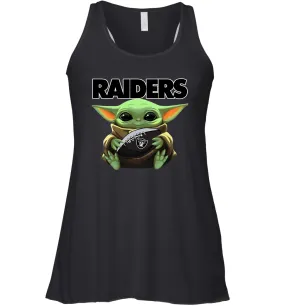 Baby Yoda Loves The Oakland Raiders Star Wars Baby Yoda Hugs Raiders NFL Womens Racerback Tank Top