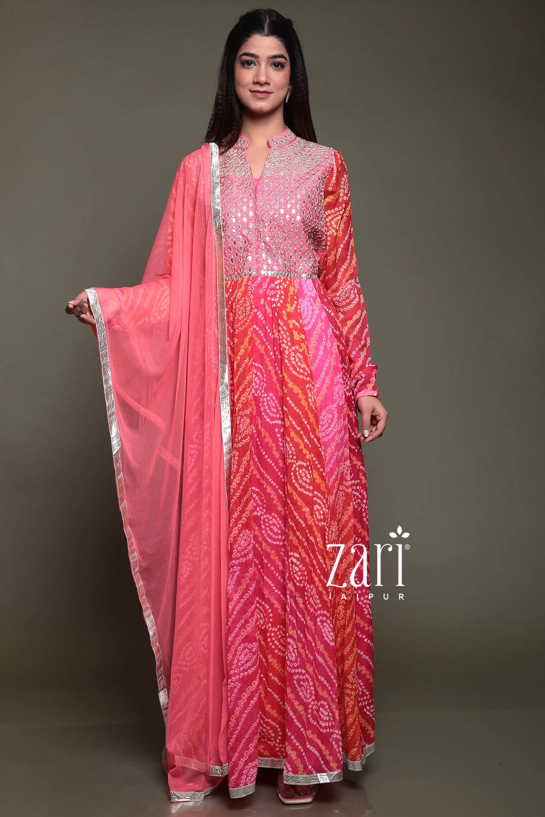 Bandhej Chinon silk Suit with Aari, Gota Patti, Pearl, Thread work.