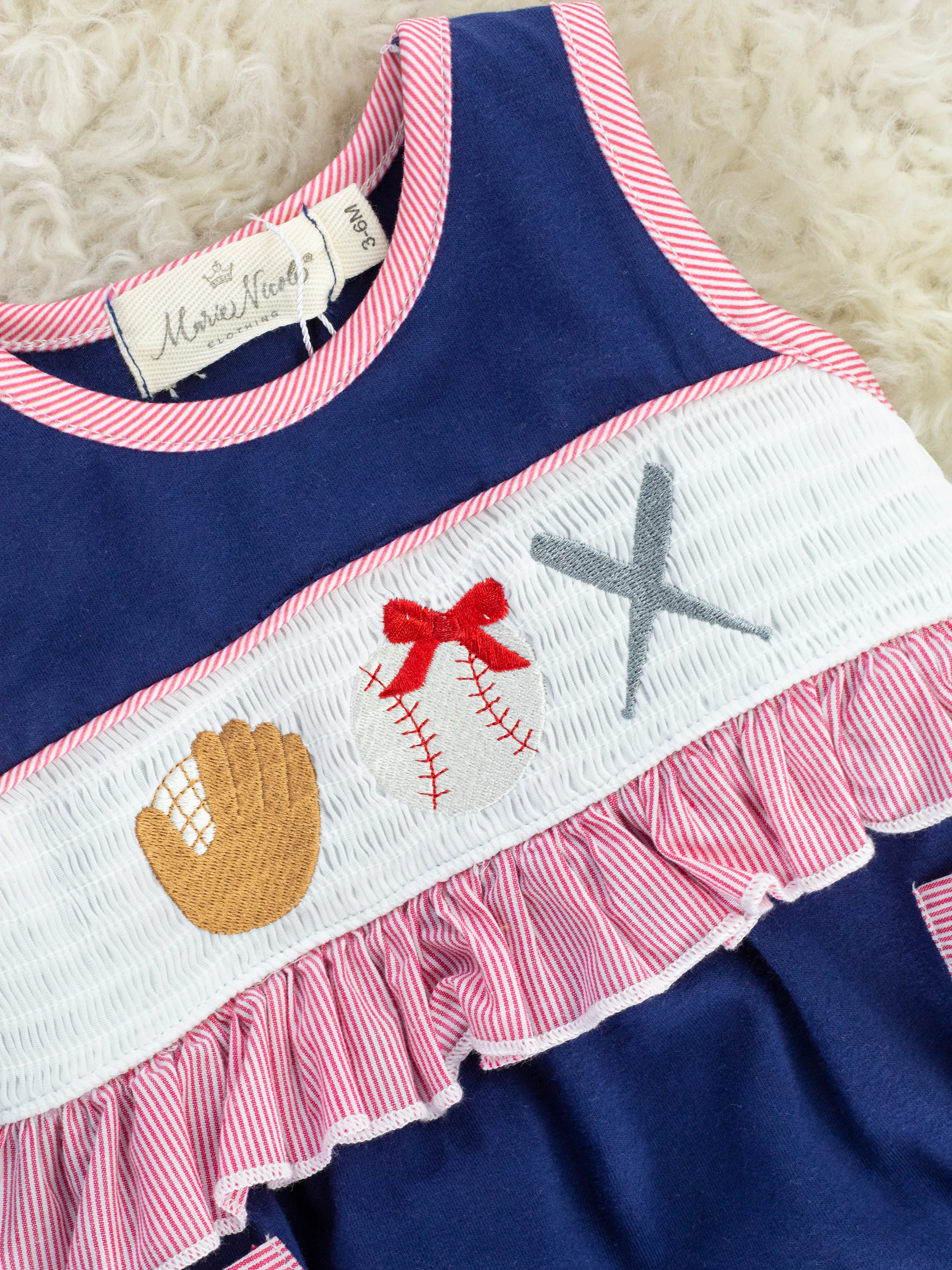 Baseball Smocked Ruffle Bubble