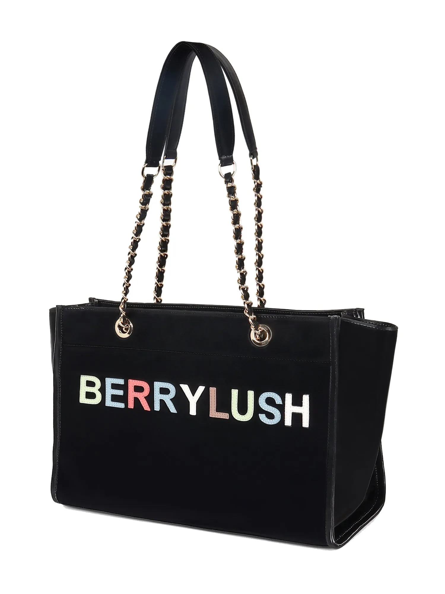 Berrylush Women Black Typography PU Mobile Pouch Embellished Oversized Tote Bag