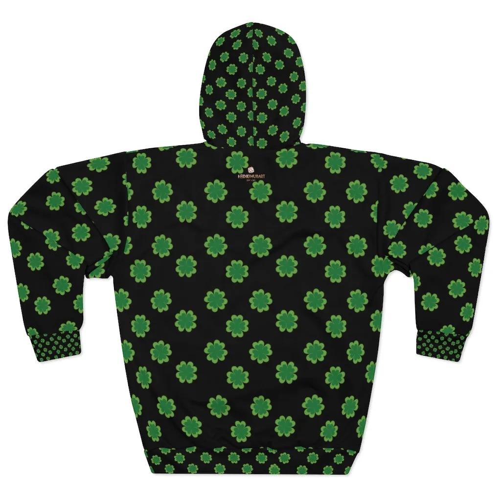 Black Green Clover Hoodie, St. Patrick's Day Unisex Pullover Hoodies Sweatshirt - Made in USA